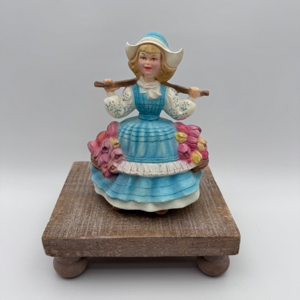 Vintage Dutch Girl Milk Maid Ceramic Figurine Blue Dress Tulip Baskets Ceramic